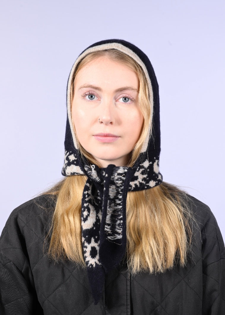 Lambswool knitted Hood - Moon and Stars Bonnet in Navy