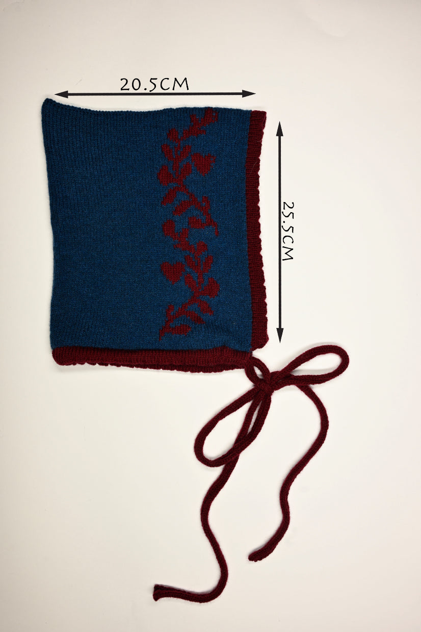 Handmade Cashmere Knitted Bundle - Fingerless Gloves and Bonnet in Matching Blue and Red