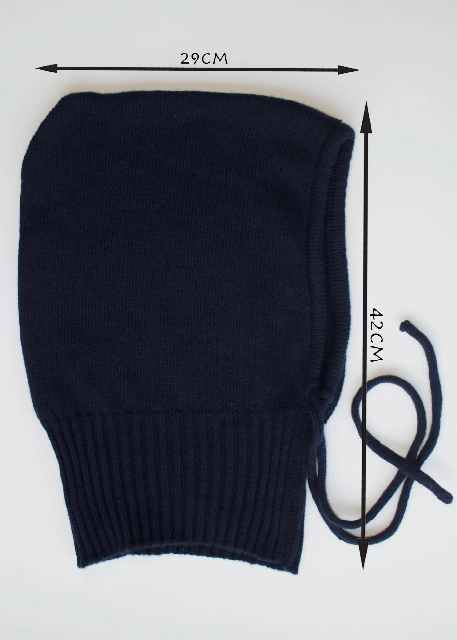 A flat lay including measurements (29cm wide by 42cm Long) of our cashmere knitted balaclava hood