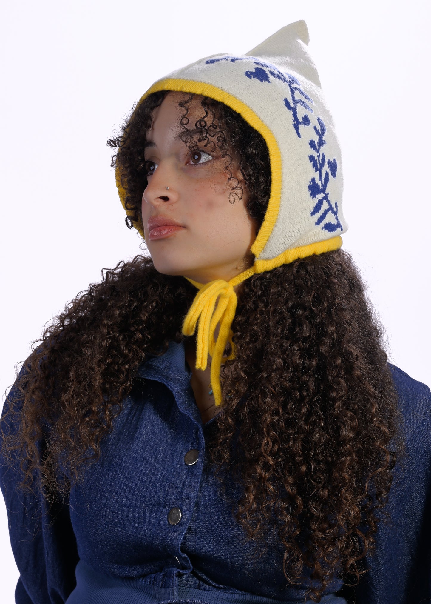 Cashmere Knit Pixie Hood, Laurel Leaf Bonnet – Handmade Blue Yellow Winter Hat