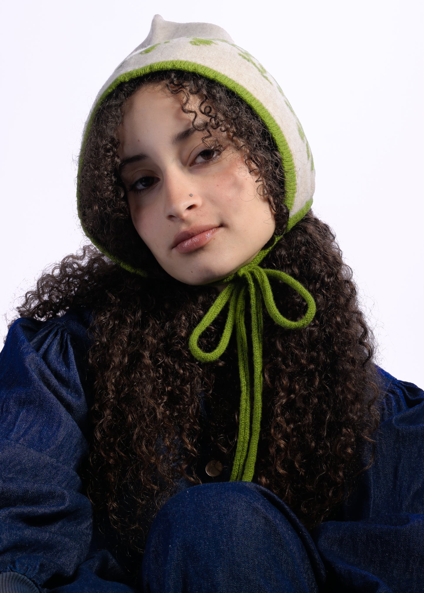 Cashmere Knit Hood, Cottage-core Pixie Bonnet – Laurel Leaf Hood, Handmade in Green and Cream