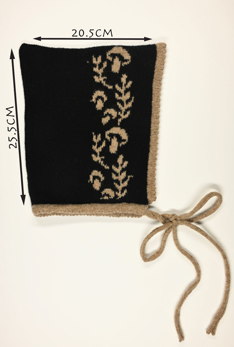 Knitted Cashmere Bonnet - Toadstool Magic Pixie Hood in Tan and Black