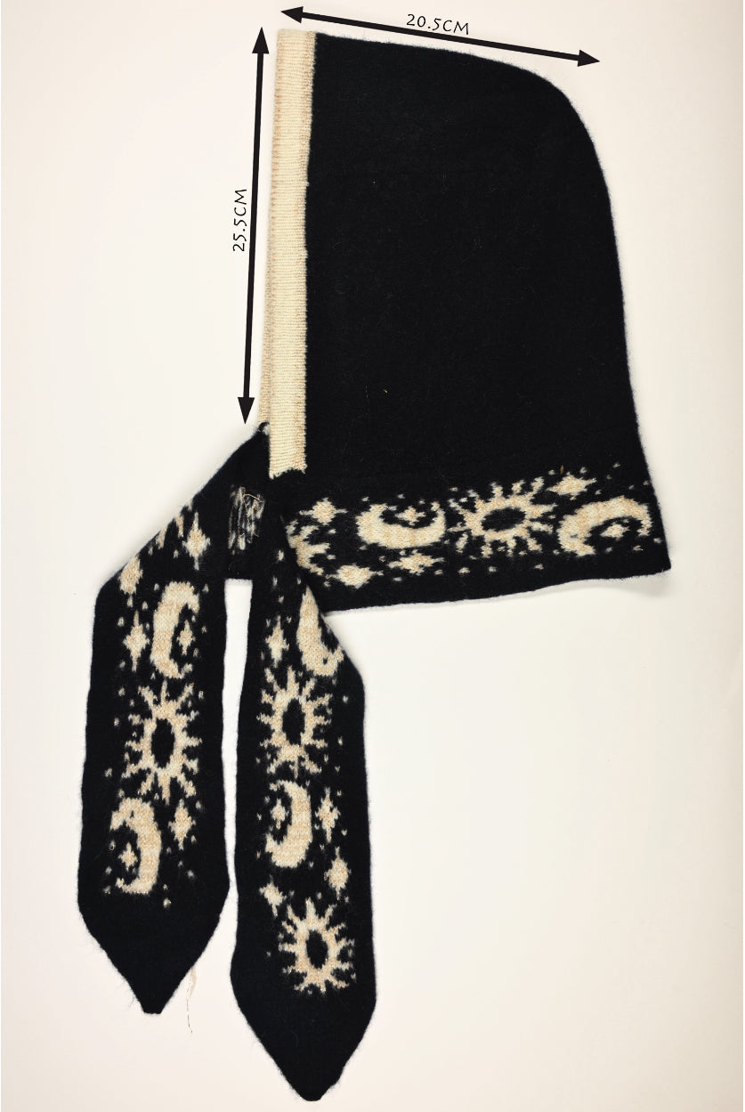 Lambswool knitted Hood - Moon and Stars Bonnet in Navy