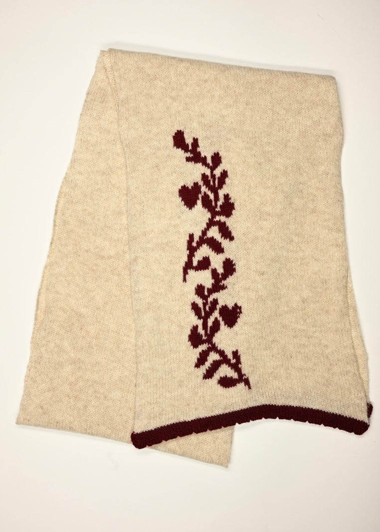 Handmade Cashmere Knitted Scarf - “Laurel Leaf” Shawl in Burgundy and Cream