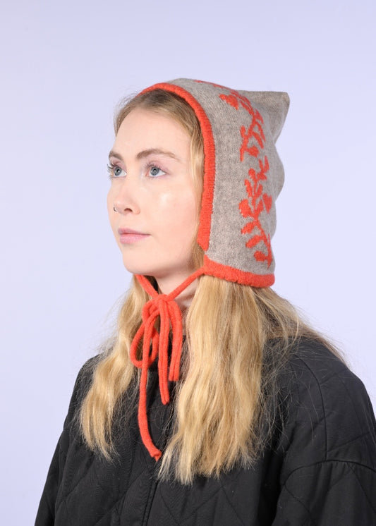 Cashmere Knitted Bonnet - Laurel leaf Pixie Hood in Orange and Tan