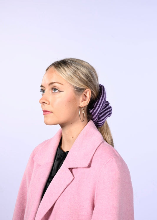 Mohair and Cashmere Knitted Scrunchie - Striped Hair Tie in Purple and Lilac