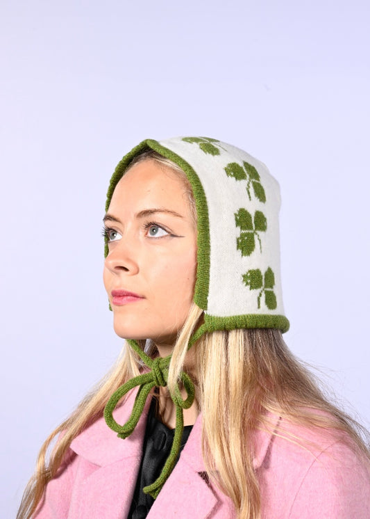 Handmade Lambswool and Cashmere Bonnet - Cream Shamrock Knit Winter Hat