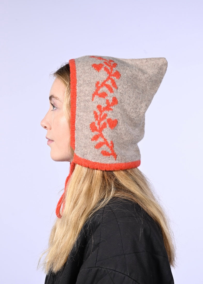 Cashmere Knitted Bonnet - Laurel leaf Pixie Hood in Orange and Tan