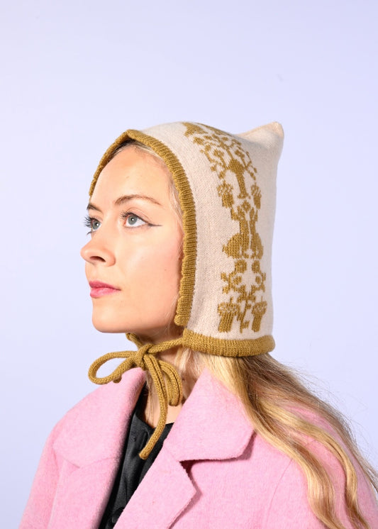 Cashmere Knitted Bonnet - “Queen of Pentacles” Pixie Hood in Golden Olive