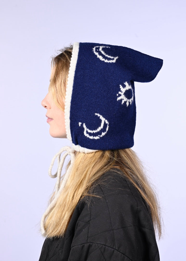 Cashmere Knitted Bonnet - Celestial Moon and Stars Pixie Hood in Navy
