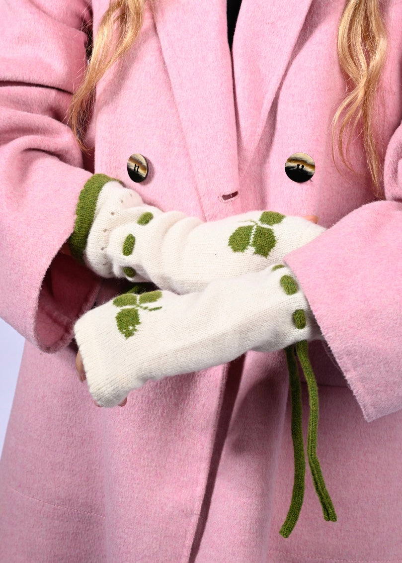 Handmade Lambswool Cashmere Wrist Warmers - Cream Shamrock Knit Fingerless Gloves