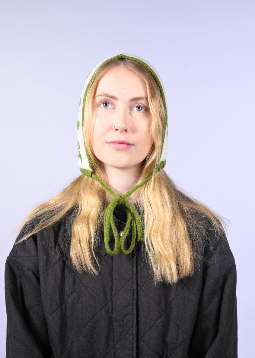 Cashmere Knitted Bonnet - Laurel leaf Pixie Hood in Green and Cream