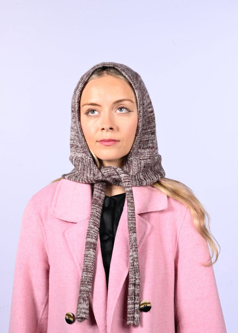 Mohair Knitted Hood - Striped Bow Bonnet in Burgundy