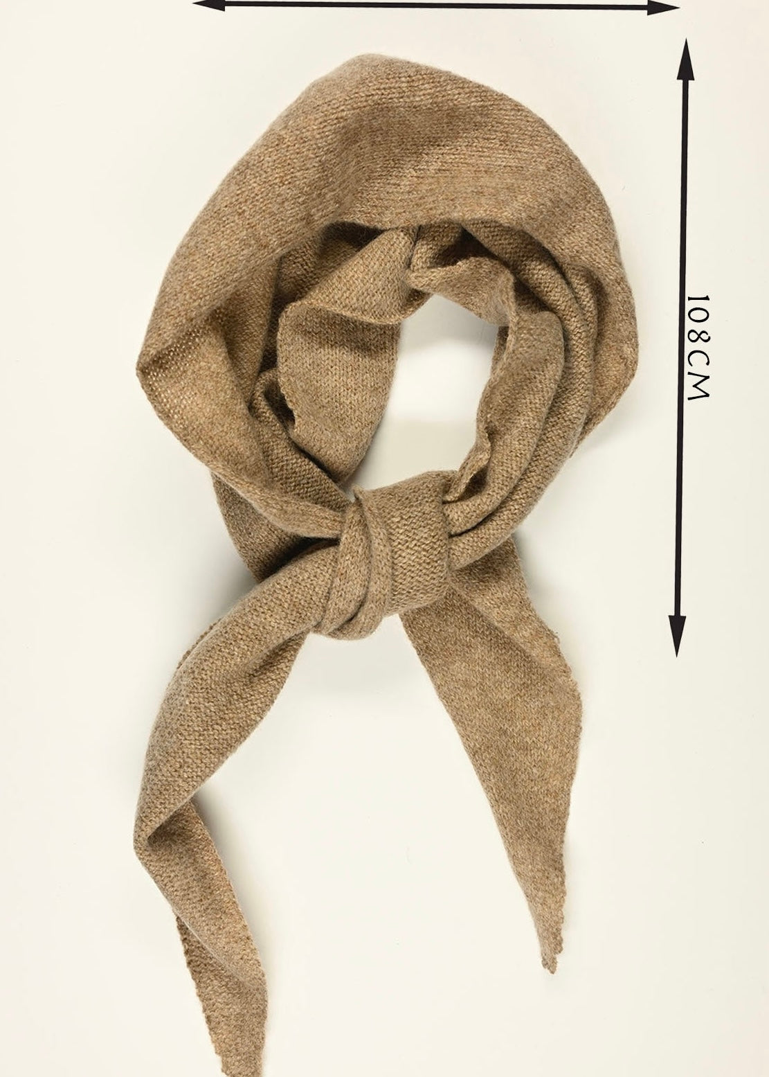 Beige scarf with a knot measurement (27cm wide by 108cm long) on a white background