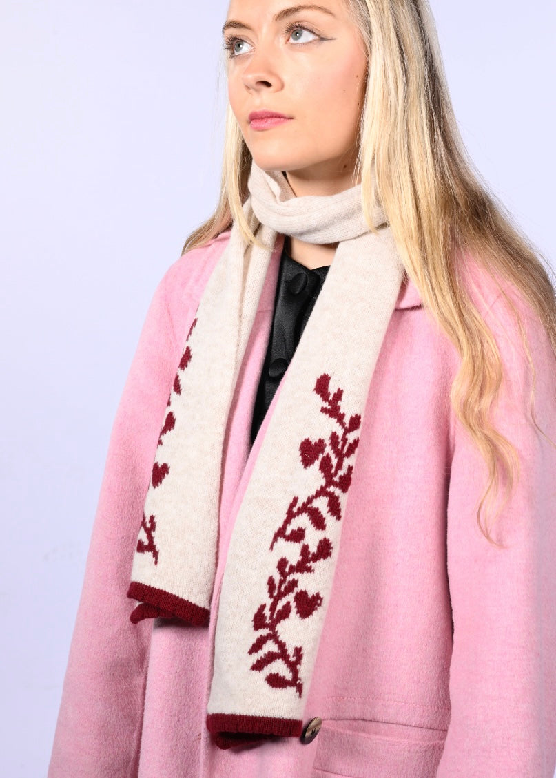 Handmade Cashmere Knitted Scarf - “Laurel Leaf” Shawl in Burgundy and Cream