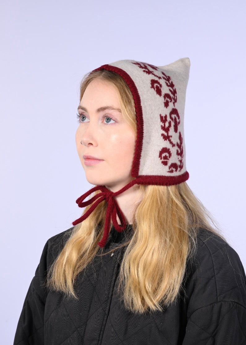 Cashmere Knitted Bonnet - “Toadstool Magic” Pixie Hood in Burgundy and Cream