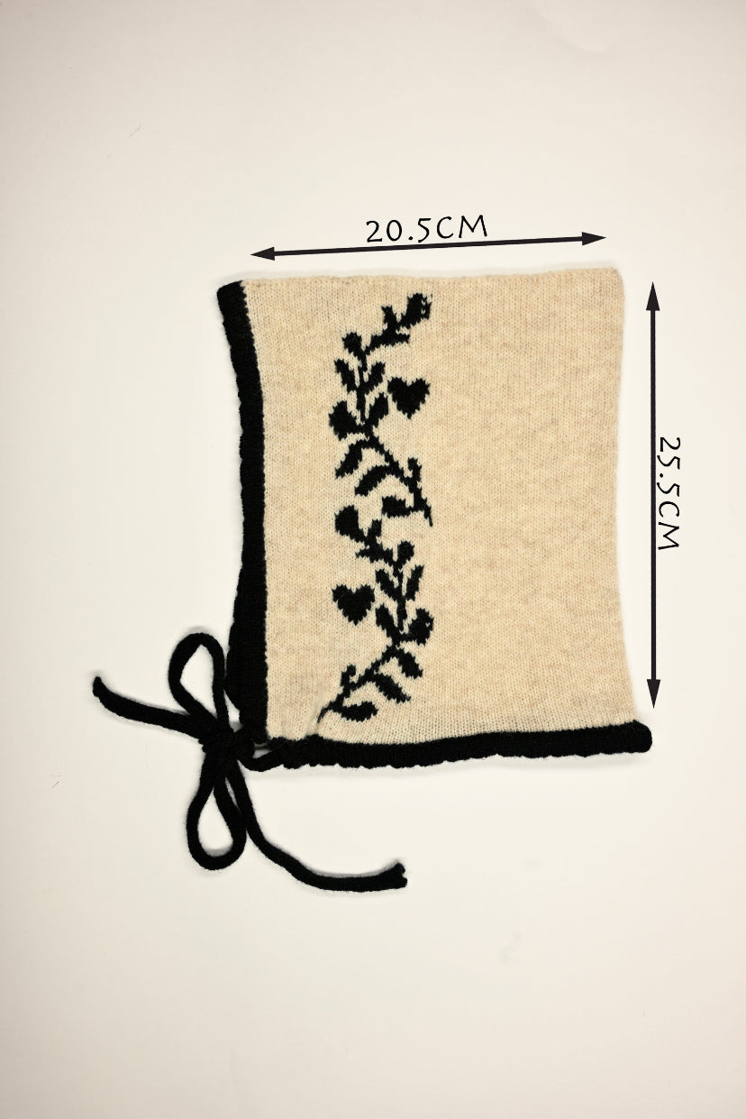Cashmere Knitted Bonnet - Laurel leaf Pixie Hood in Black and Beige