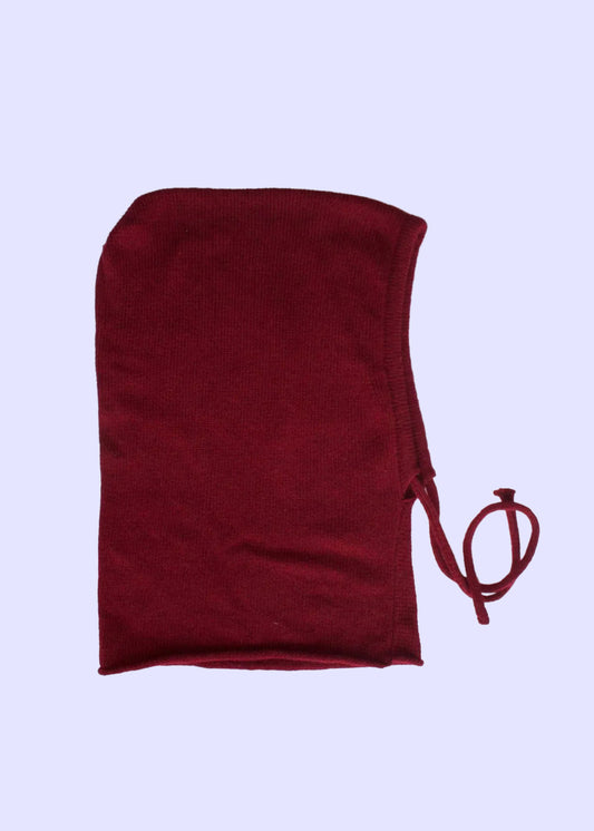 burgundy balaclava drawstring on a light purple background