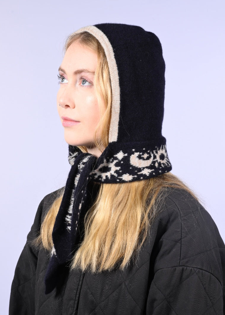 Lambswool knitted Hood - Moon and Stars Bonnet in Navy