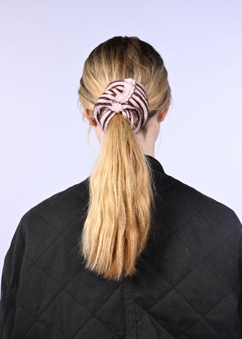 Mohair and Cashmere Knitted Scrunchie - Striped Hair Tie in Plum and Pink