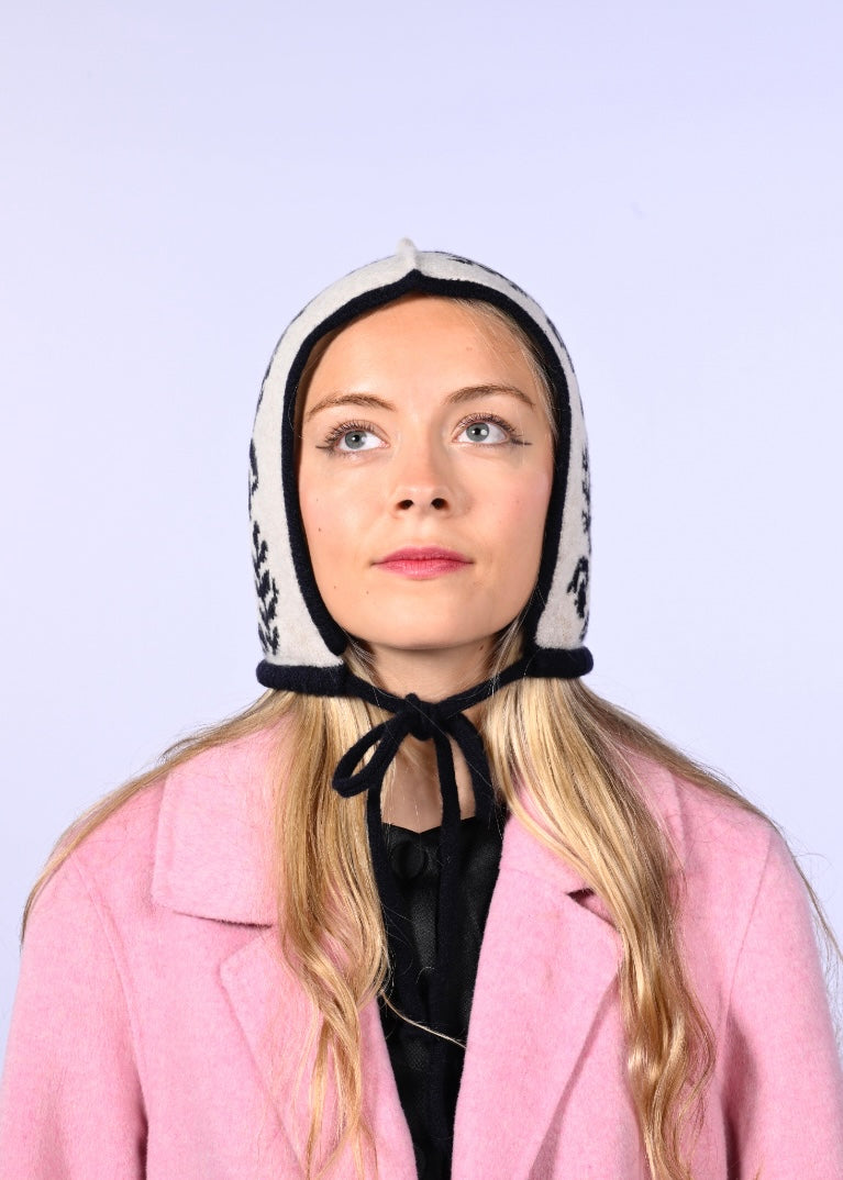 Knitted Cashmere Bonnet - “Toadstool Magic” Pixie Hood in Navy and Cream