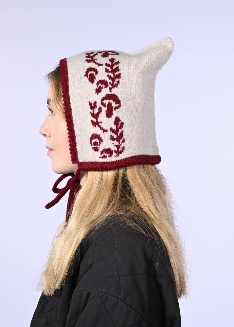 Cashmere Knitted Bonnet - “Toadstool Magic” Pixie Hood in Burgundy and Cream