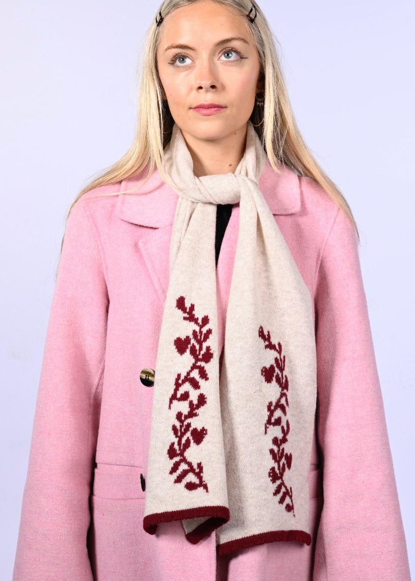 Handmade Cashmere Knitted Scarf - “Laurel Leaf” Shawl in Burgundy and Cream