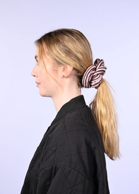 Mohair and Cashmere Knitted Scrunchie - Striped Hair Tie in Plum and Pink