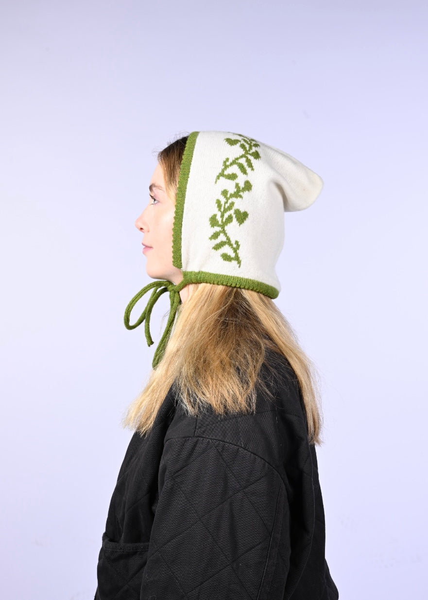 Cashmere Knitted Bonnet - Laurel leaf Pixie Hood in Green and Cream