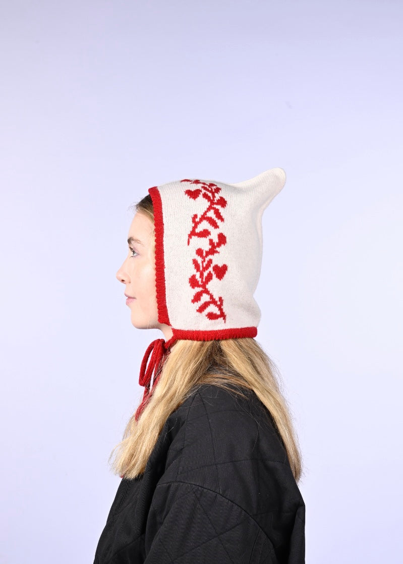 Cashmere Knitted Bonnet - Laurel leaf Pixie Hood in Red and Cream