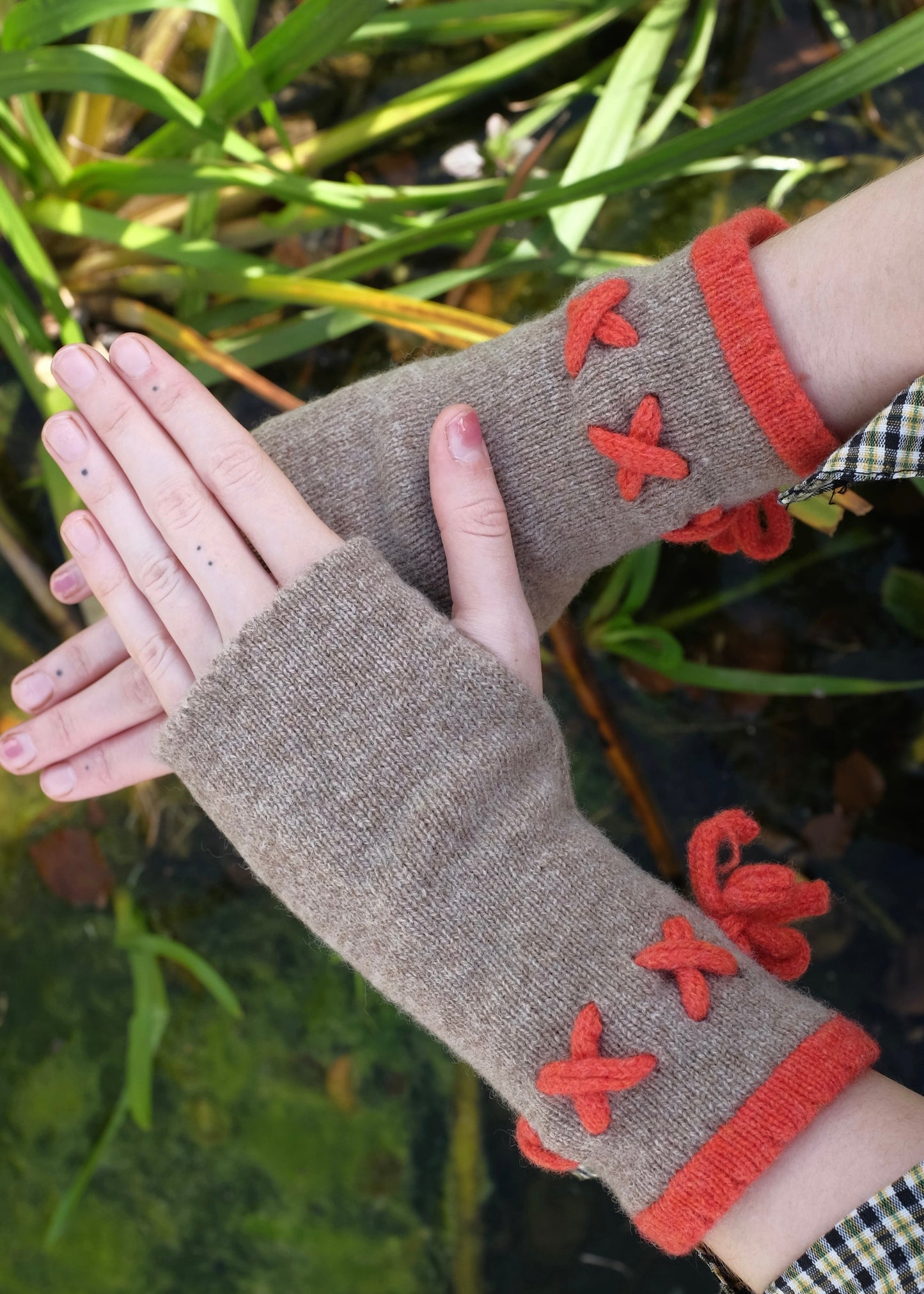 Cashmere Knitted Wrist Warmers - Fingerless Gloves in Orange and Tan