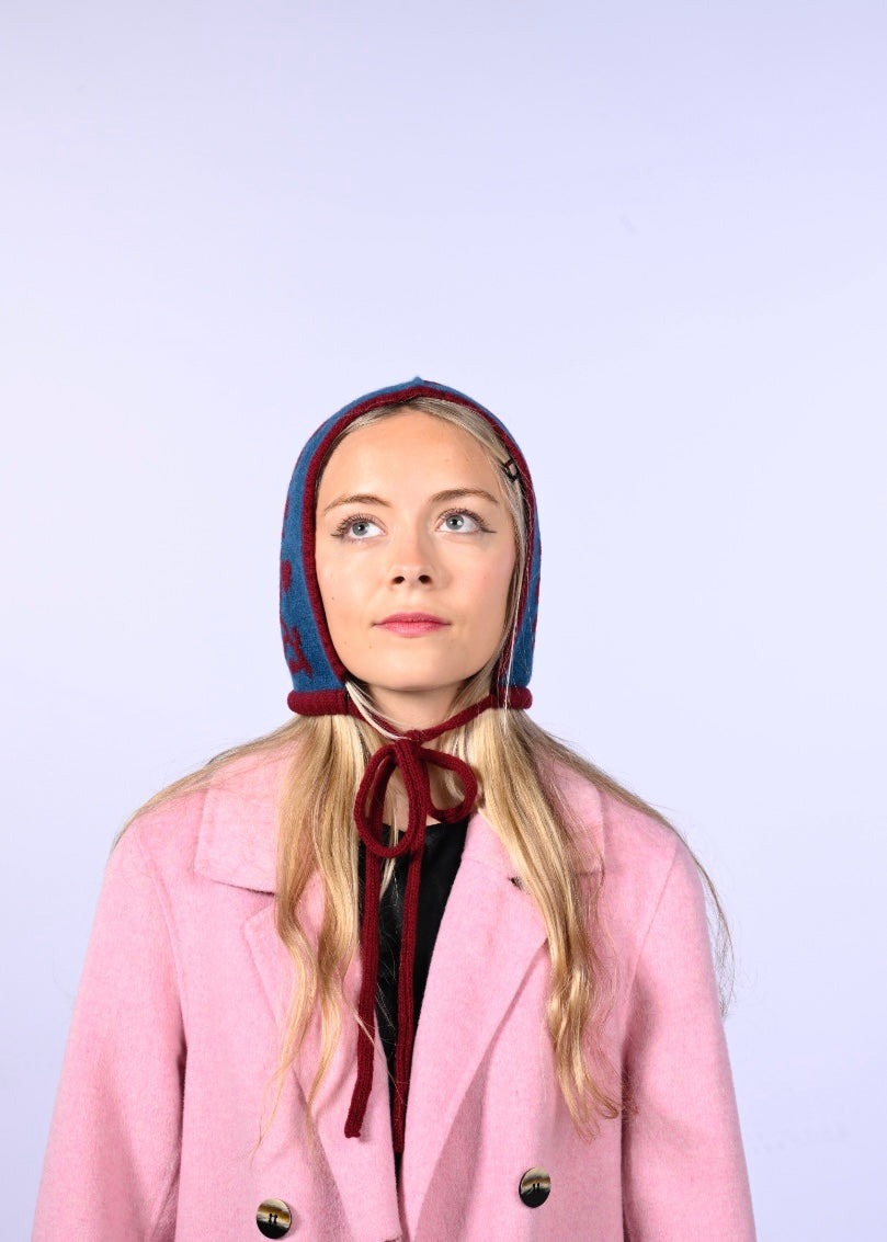 Cashmere Knitted Bonnet - Laurel leaf Pixie Hood in Blue and Burgundy