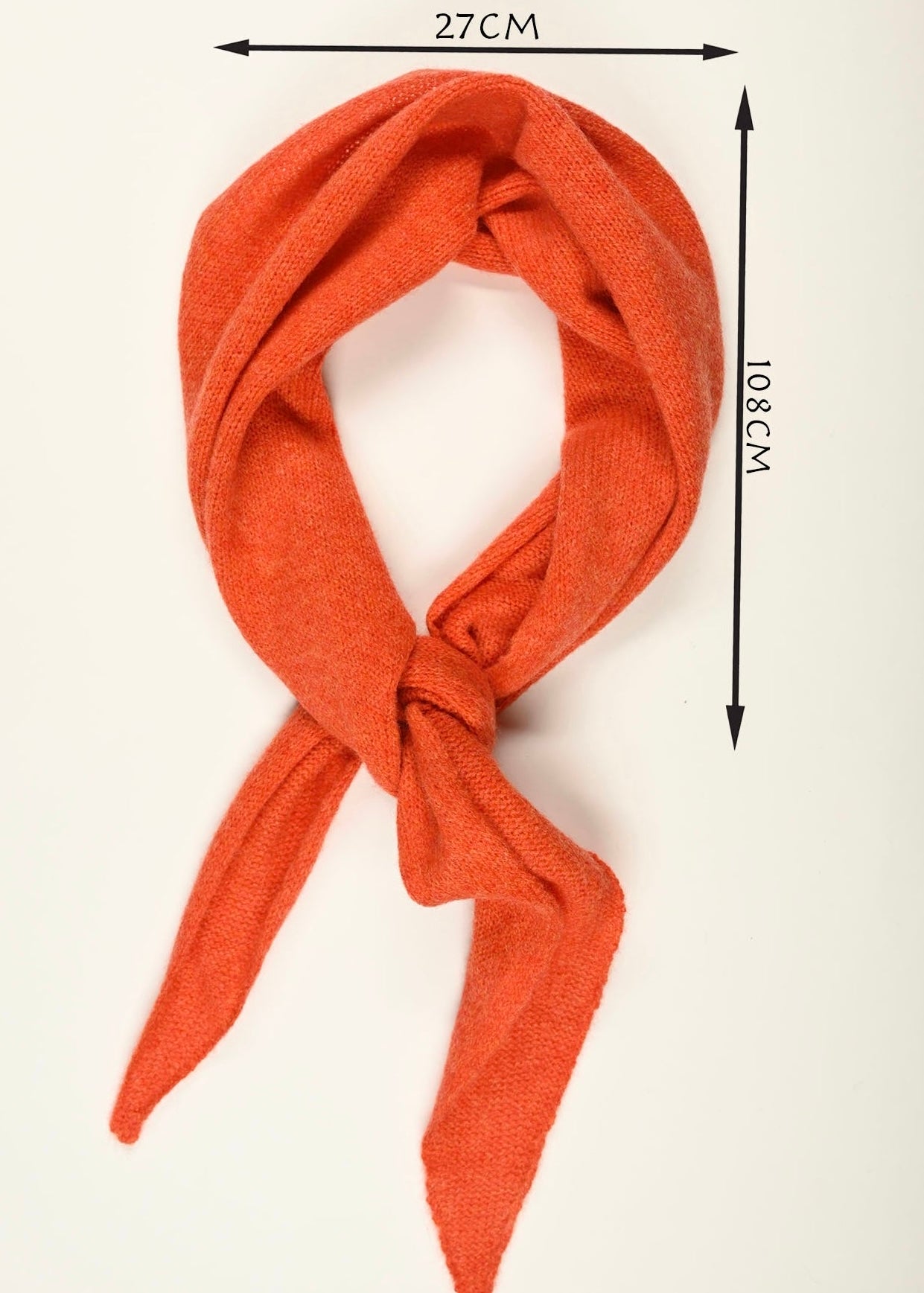 Orange headscarf with measurements (27cm wide by 108cm Long) on a white background