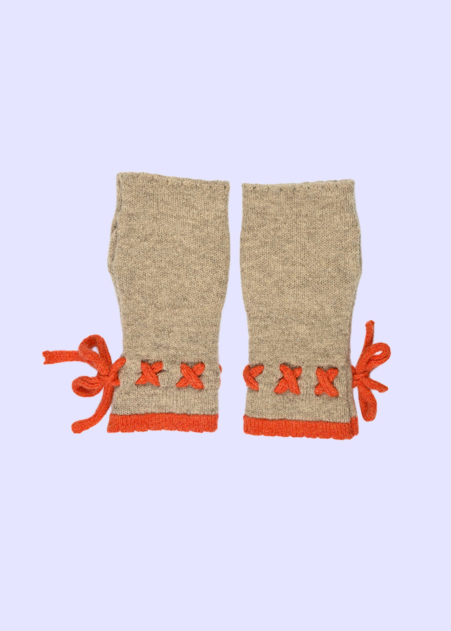 Cashmere Knitted Wrist Warmers - Fingerless Gloves Orange and Oatmeal