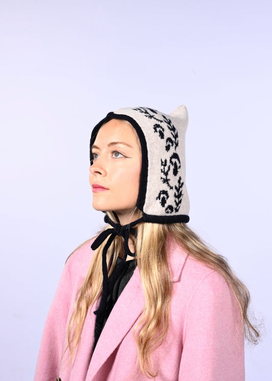 Knitted Cashmere Bonnet - “Toadstool Magic” Pixie Hood in Navy and Cream