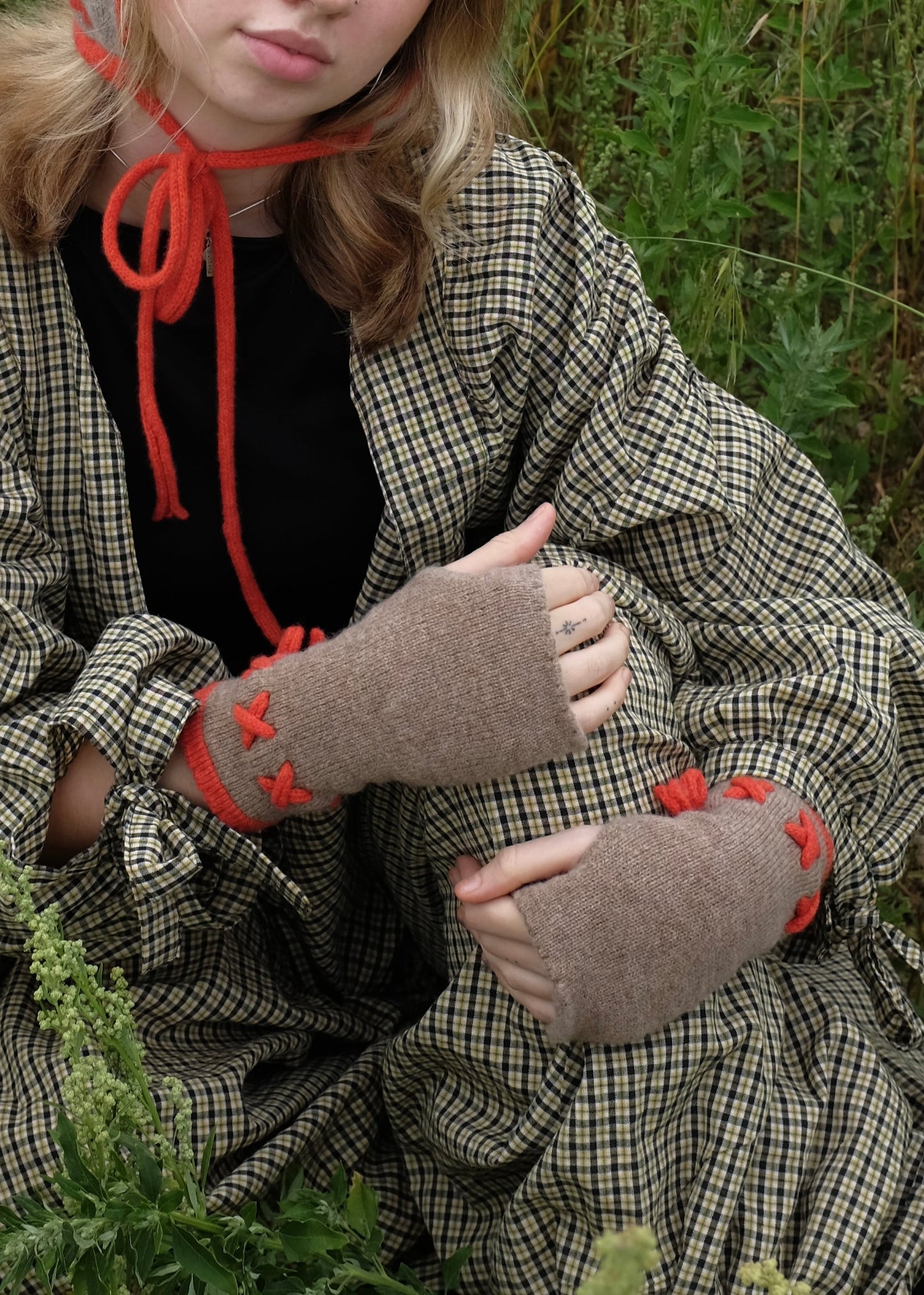 Cashmere Knitted Wrist Warmers - Fingerless Gloves in Orange and Tan