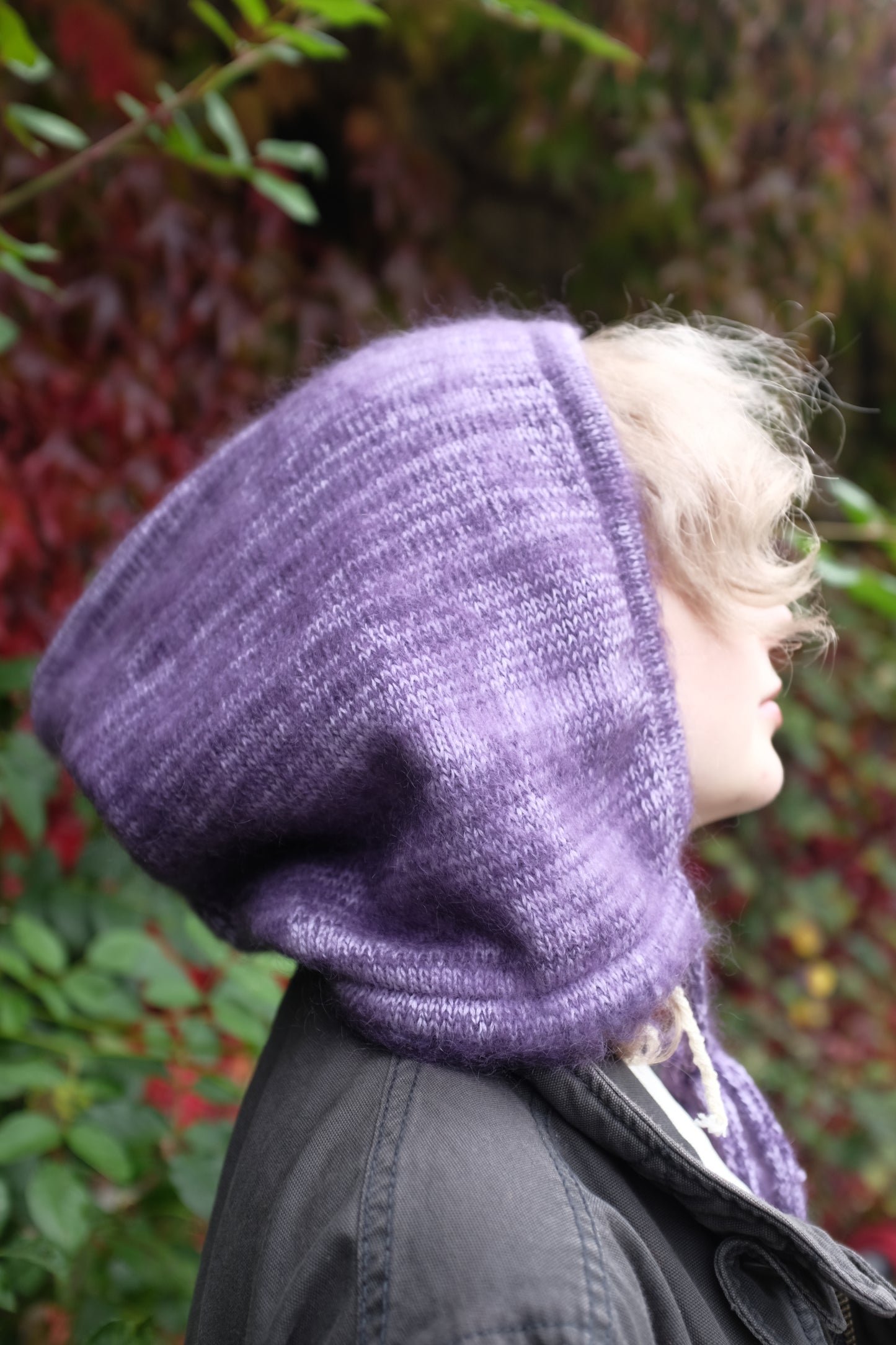 Soft Brushed Mohair Knitted Bonnet - Pixie Hood in Purple and Cream