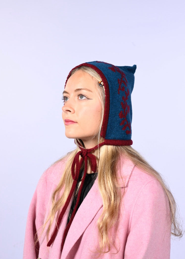 Cashmere Knitted Bonnet - Laurel leaf Pixie Hood in Blue and Burgundy