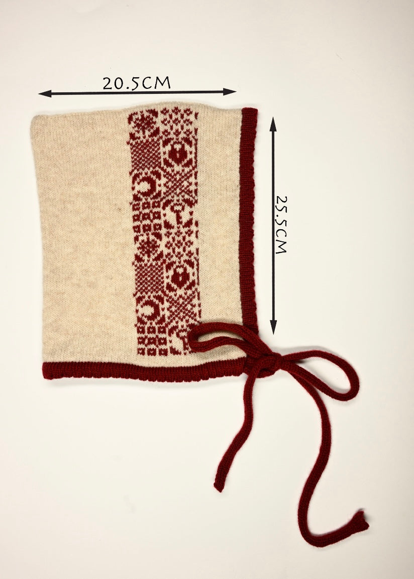 Handmade Cashmere Knitted Bonnet - “Lock and Key” Pixie Hood in Burgundy and Cream