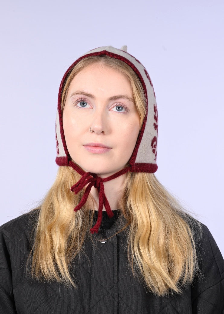 Cashmere Knitted Bonnet - “Toadstool Magic” Pixie Hood in Burgundy and Cream