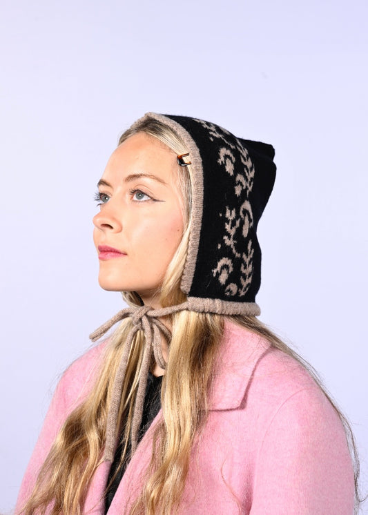 Knitted Cashmere Bonnet - “Toadstool Magic” Pixie Hood in Tan and Black