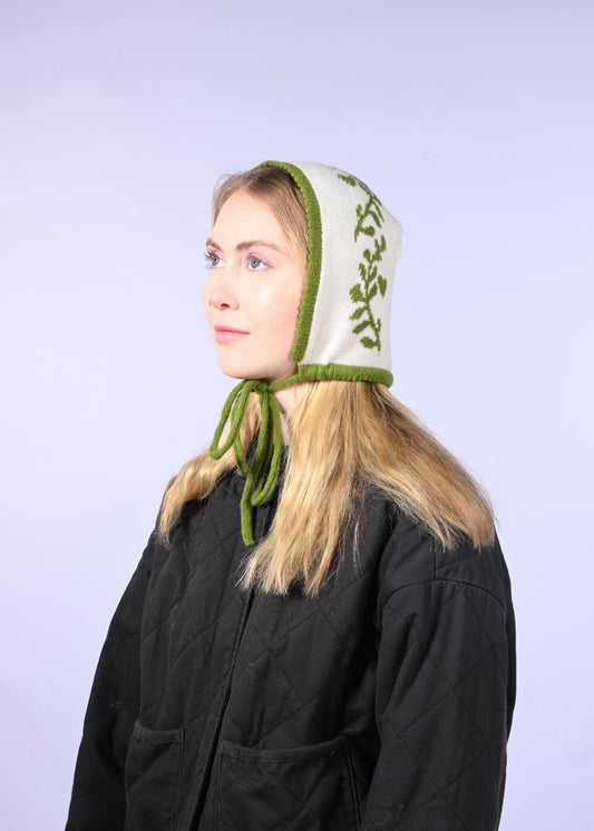Cashmere Knitted Bonnet - Laurel leaf Pixie Hood in Green and Cream