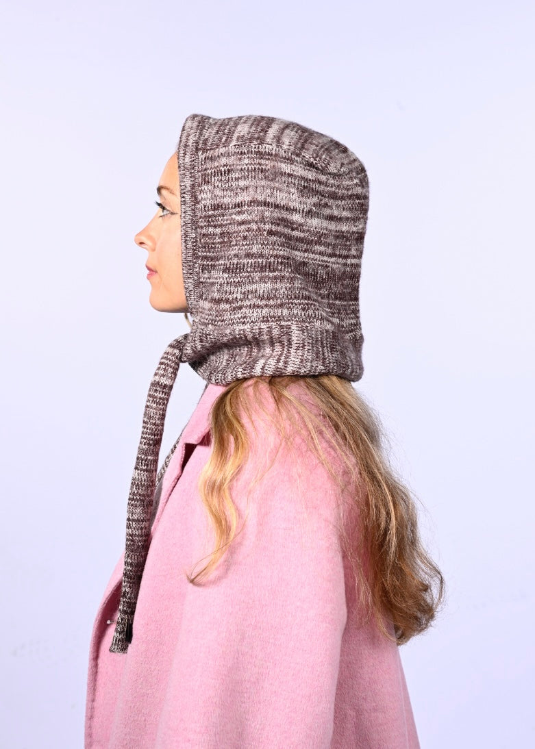 Mohair Knitted Hood - Striped Bow Bonnet in Burgundy