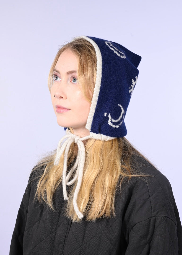Cashmere Knitted Bonnet - Celestial Moon and Stars Pixie Hood in Navy