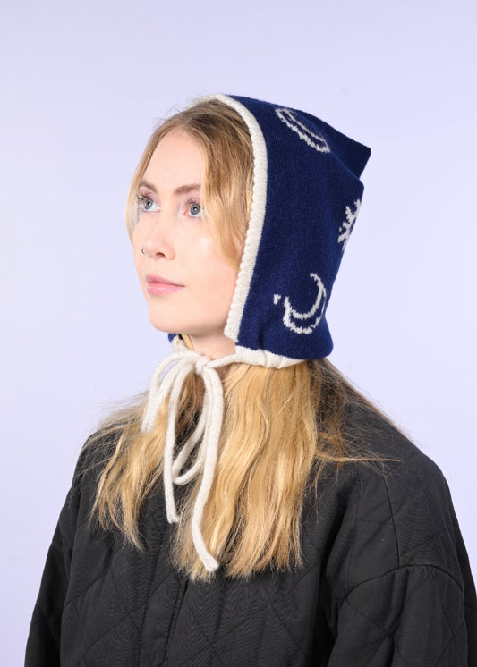 Cashmere Knitted Bonnet - Celestial Moon and Stars Pixie Hood in Navy