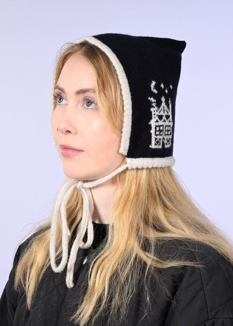 Handmade Cashmere Knitted Bonnet - “Magic Castle” Pixie Hood in Black and Cream