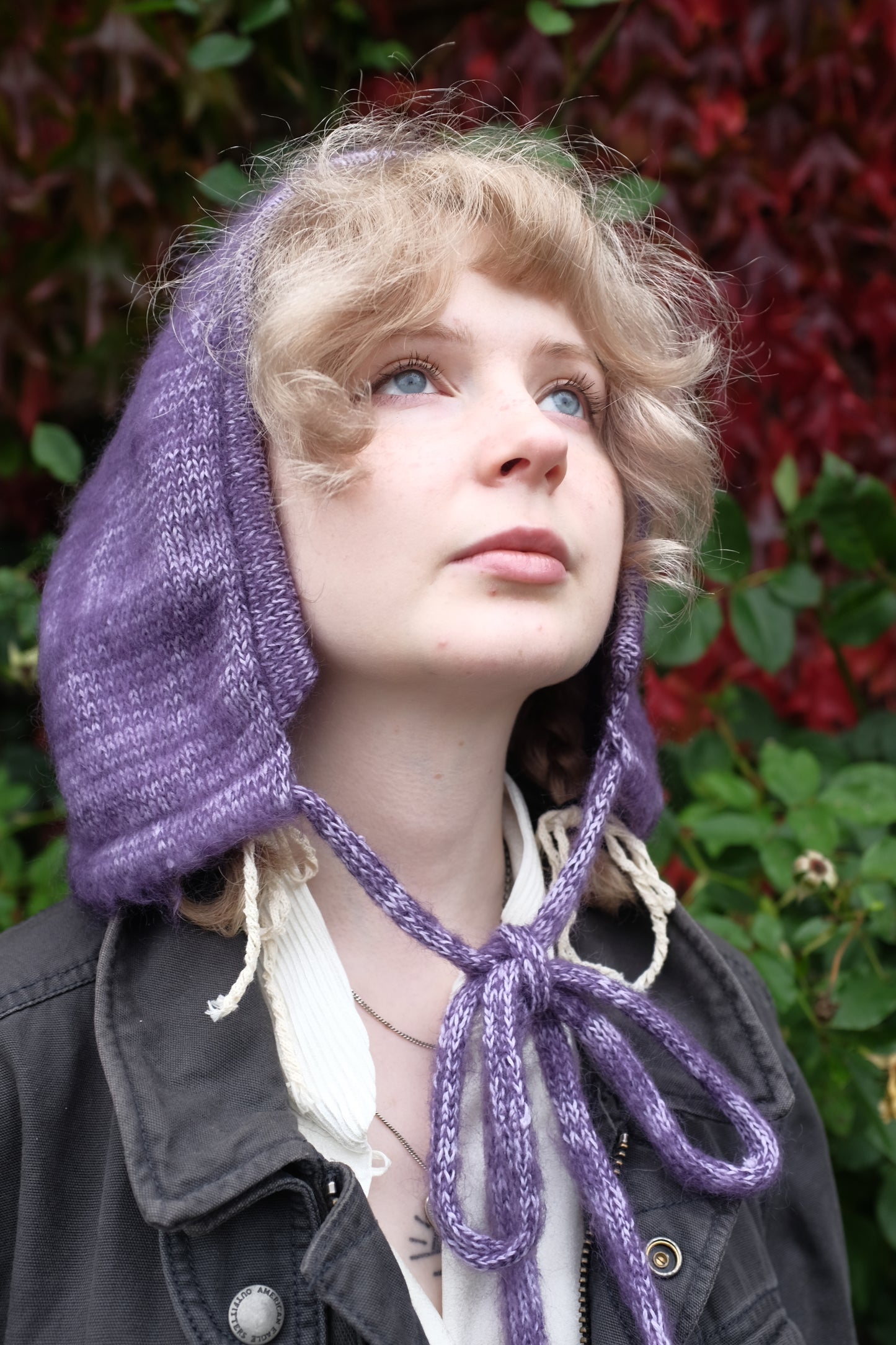 Soft Brushed Mohair Knitted Bonnet - Pixie Hood in Purple and Cream