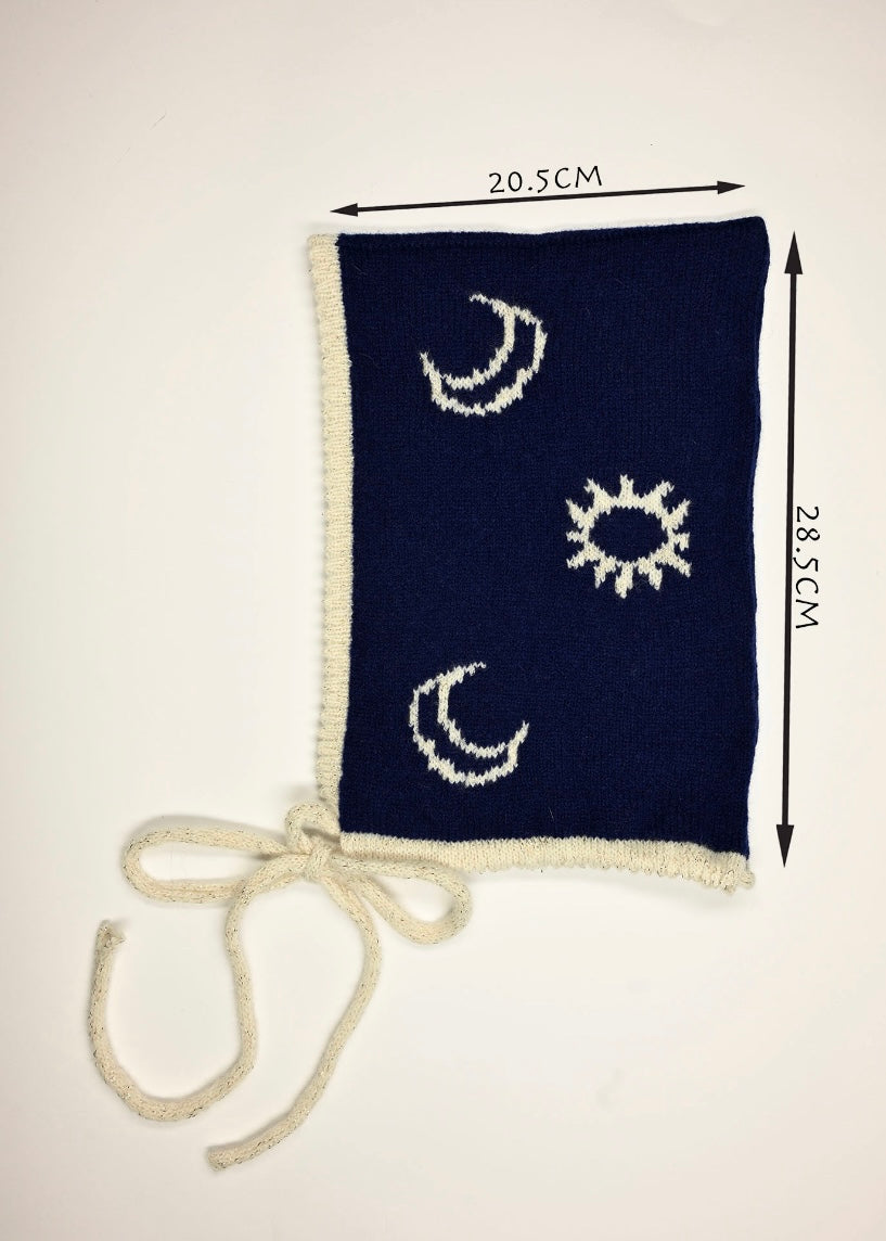 Cashmere Knitted Bonnet - Celestial Moon and Stars Pixie Hood in Navy