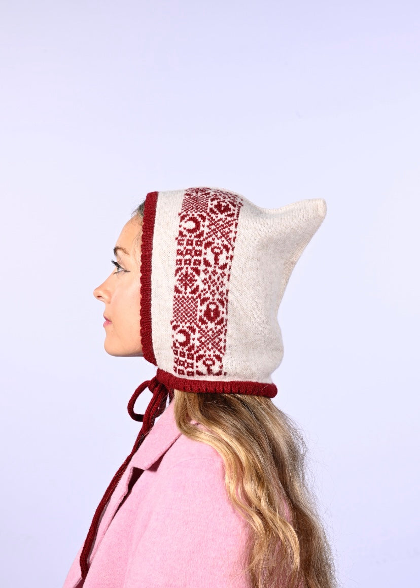 Handmade Cashmere Knitted Bonnet - “Lock and Key” Pixie Hood in Burgundy and Cream