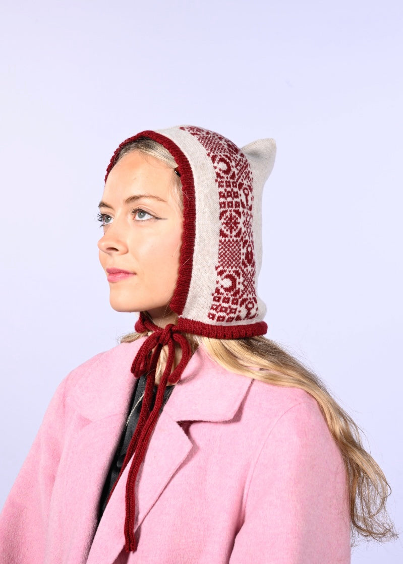 Handmade Cashmere Knitted Bonnet - “Lock and Key” Pixie Hood in Burgundy and Cream